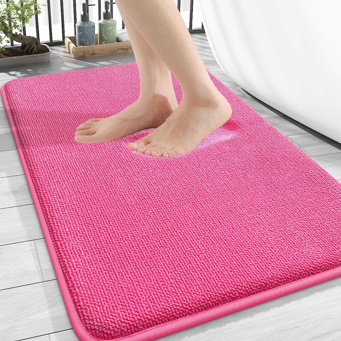 OLANLY Thick Memory Foam Bath Mat Rug 30x20, Extra Soft Absorbent Bathroom Rug, Quick Dry Bath Mats, Non-Slip, Machine Washable Carpet for Bathroom, Tub and Shower, Home Decor Accessories, Hot Pink
