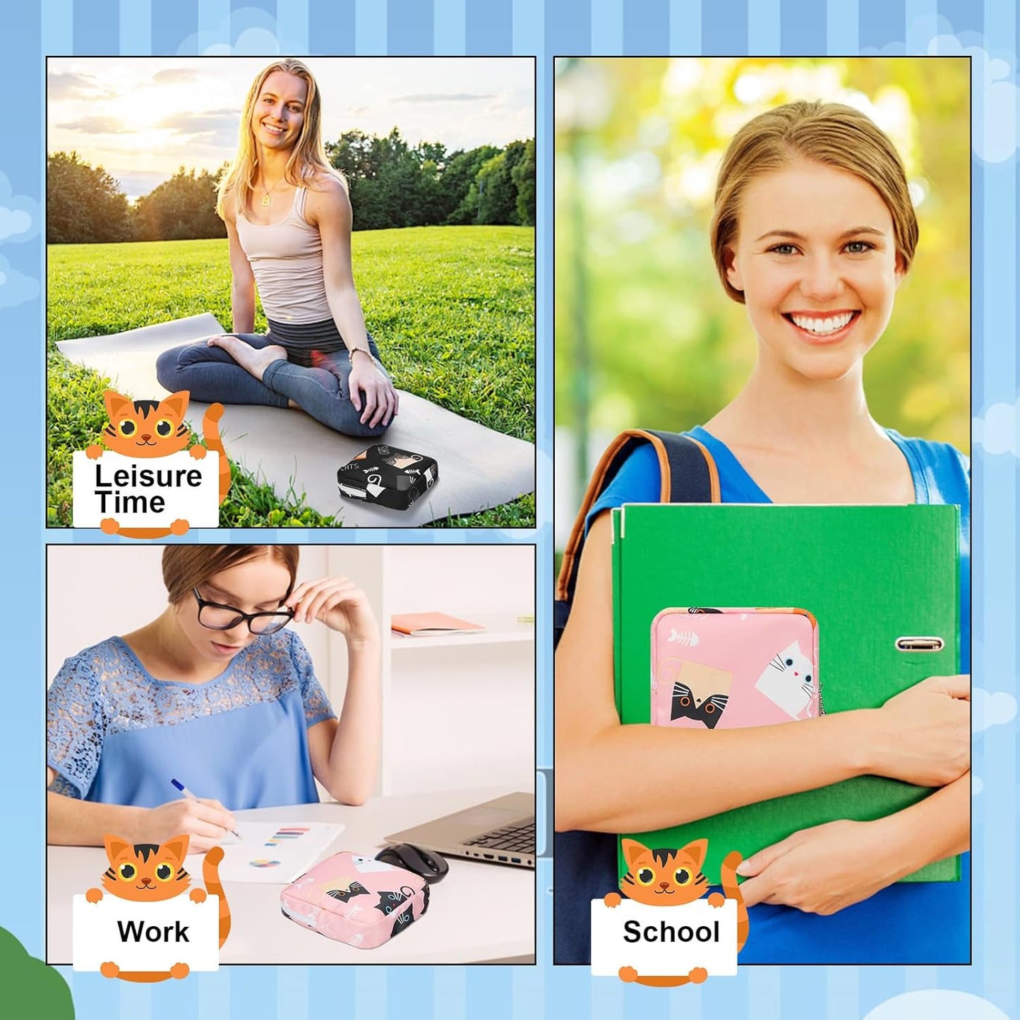 Period Bag Pouch, Canvas Sanitary Napkin Storage Bag for Girls Womens, Portable Sanitary Napkin Period Pad Pouch for Purse, Small Make Up Bags(Cat, Pink)