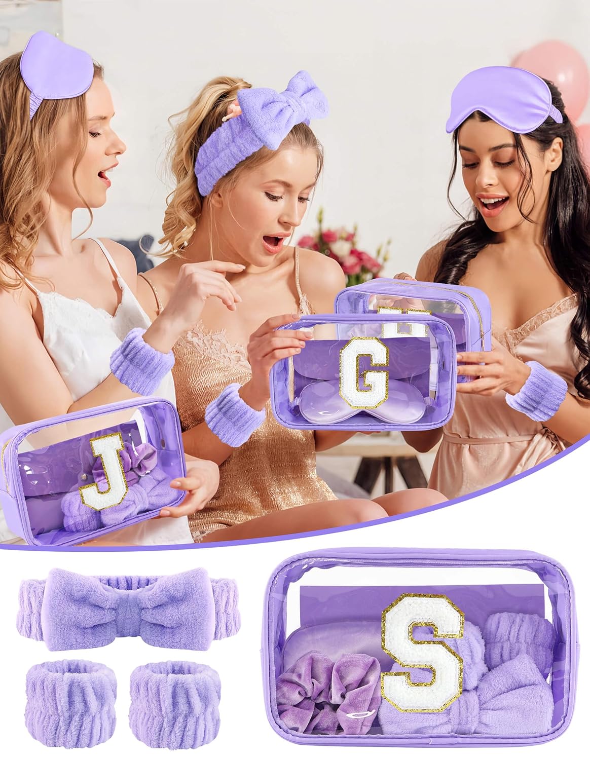 Gift Sets for Women, Initial Makeup Bag with Makeup Brush Set Bachelorette Party Favors, Purple Spa Kit with Skincare Headbands Wrist Bands Sleepover Party Supplies Gifts for Teen Girls Bridesmaid S