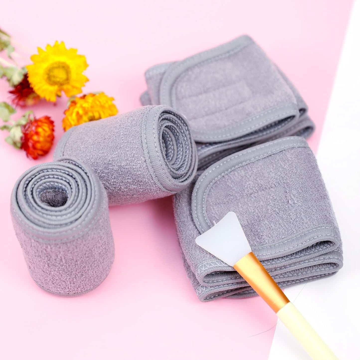 Facial Spa Headbands 4 PCS , Makeup Shower Bath Wrap Sport Headband Terry Cloth Stretch Towel with Magic Tape (Gray)