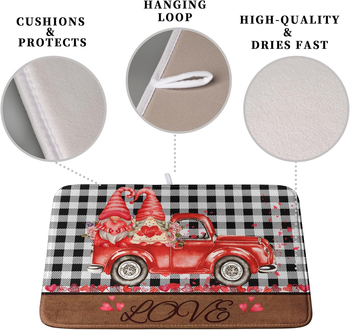 Valentine's Day Dish Drying Mats for Kitchen Counter, Buffalo Plaid Truck Kitchen Drying Mat, Love Heart Gnome Absorbent Dishes Pad 18 x 24 Inch - Farmhouse Decor Valentines Gift