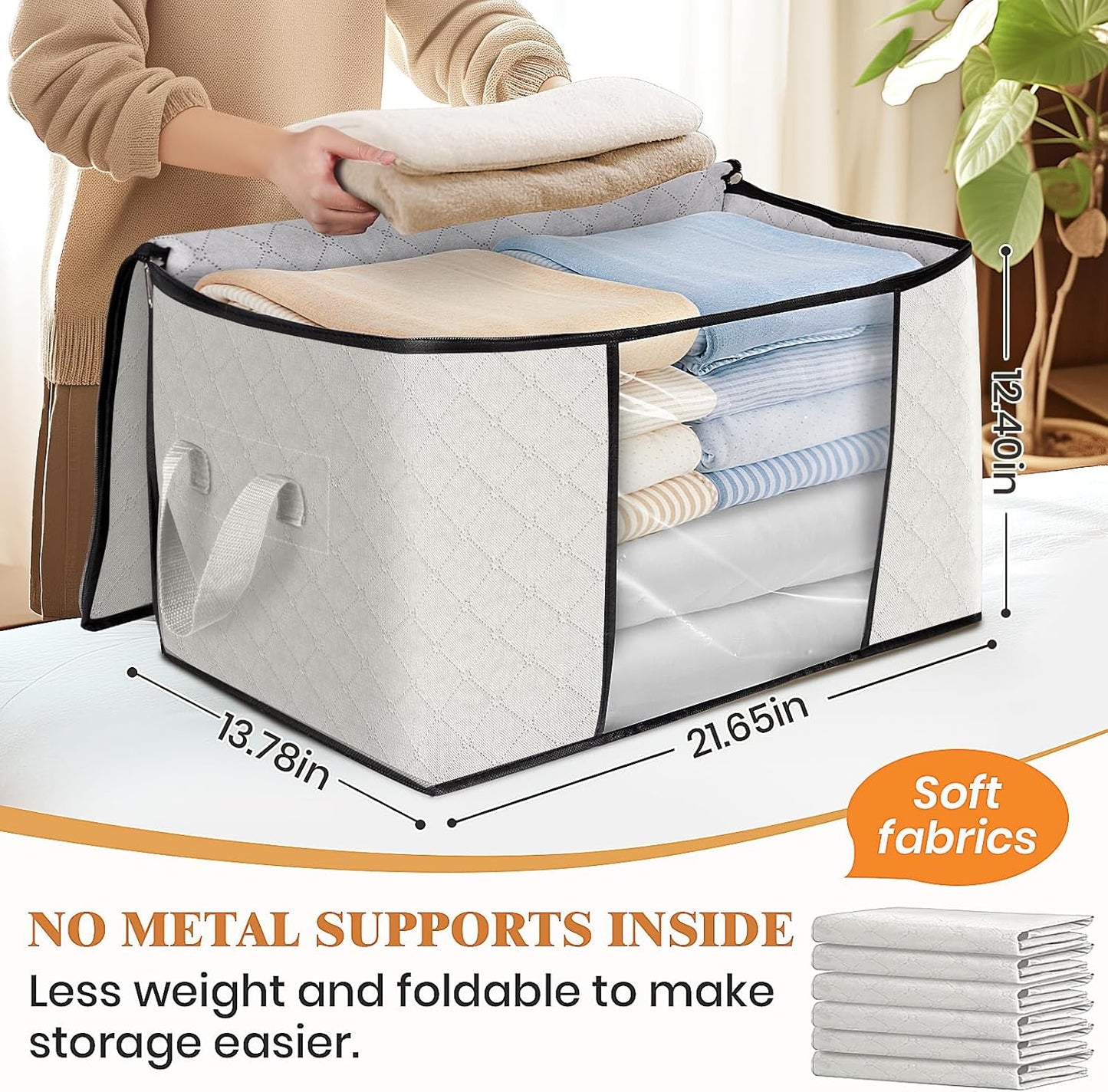 Fab totes 6 Pack Clothes Storage, Foldable Thick Fabric Blanket Storage Bags, Containers for Organizing Bedroom, Closet, Clothing, Comforter, Organization with Handle,Ivory White