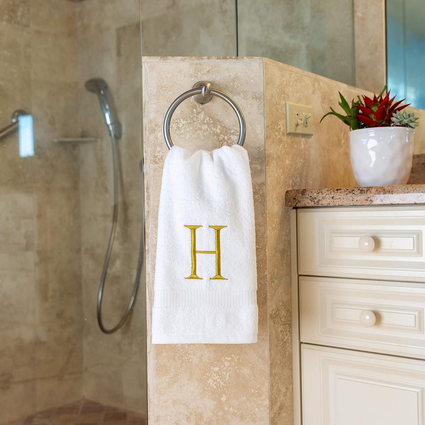 Monogrammed Hand Towels for Bathroom - Luxury Hotel Quality Personalized Initial Decorative Embroidered Bath Towel for Powder Room, Spa - GOTS Organic Certified - Set of 2 Gold Letter H
