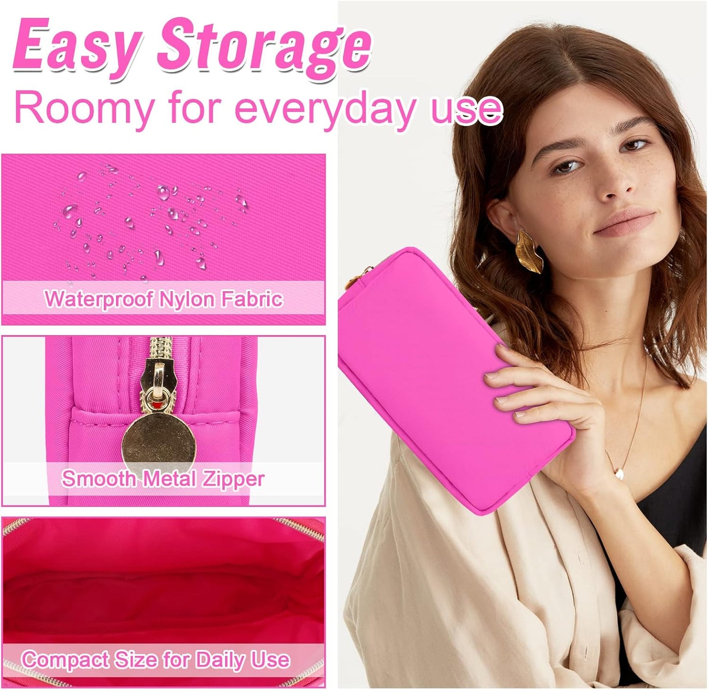 Nylon Small Makeup Bag for Purse, Cute Preppy Makeup Bag Cosmetic Zipper Pouch Purse, Waterproof Portable Travel Toiletry Bag Clutch Makeup Brush Bag Organizer Storage for Women Men Girls(Hot Pink)