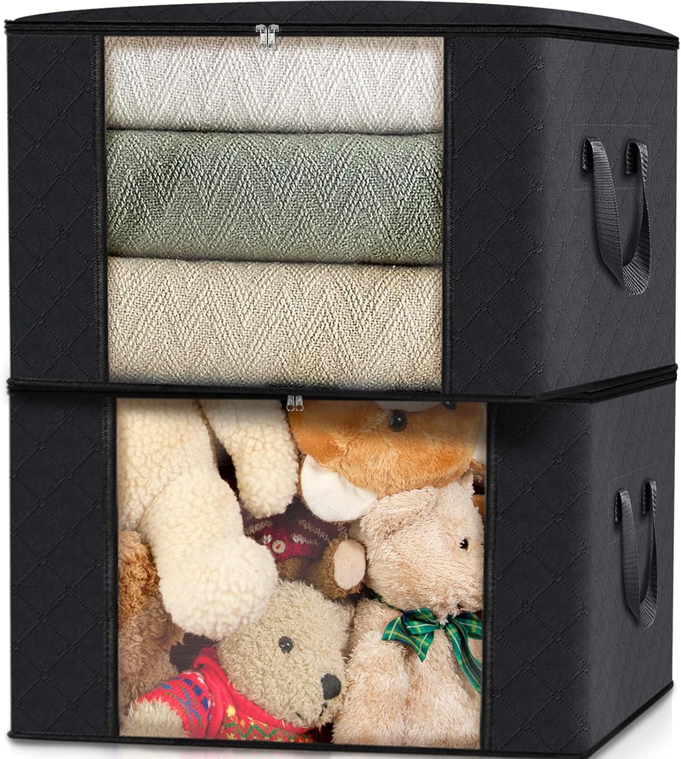 Fab totes 4 Pack Clothes Storage, Foldable Thick Fabric Blanket Storage Bags, Containers for Organizing Bedroom, Closet, Clothing, Comforter,Closet Organization with Handle,Black