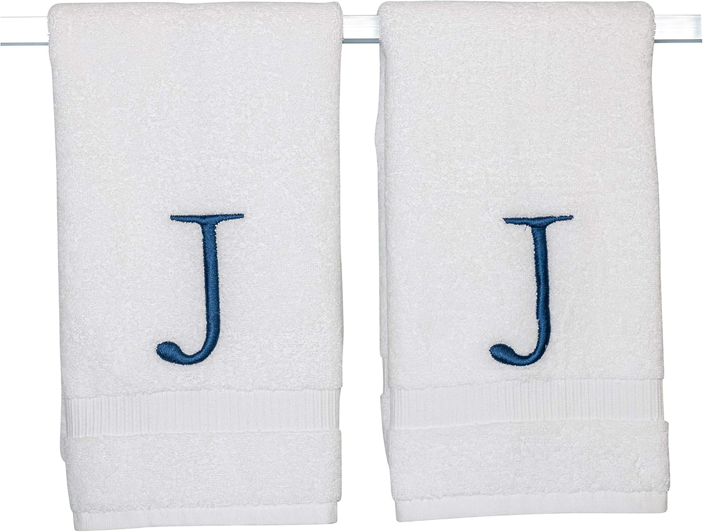 Monogrammed Hand Towels for Bathroom - Luxury Hotel Quality Personalized Initial Decorative Embroidered Bath Towel for Powder Room, Spa - GOTS Organic Certified - Set of 2 Navy Letter J