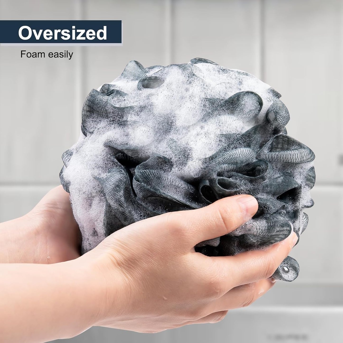 Loofah Sponge XXL-100g 4 Pack, Bath Sponge Soft Mesh Shower Puff Loofah for Men, Exfoliating Body Scrubber for Women, Shower Accessories (Blue Gray)