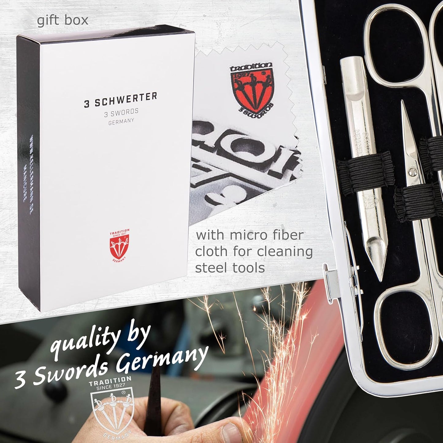 3 Swords Germany - brand quality 7 piece manicure pedicure grooming kit set for professional finger & toe nail care scissors clipper fashion leather case in gift box, Made by 3 Swords Germany (6288)