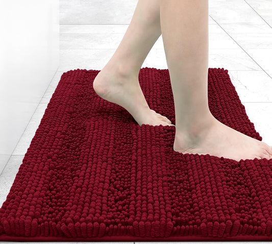 Grandaily Chenille Striped Bathroom Rugs 30x20, Extra Thick and Absorbent Bath Mats, Non-Slip Soft Plush Shaggy Shower Carpet, Machine Wash Dry, Bath Rug for Bathroom, (Medium, Red)
