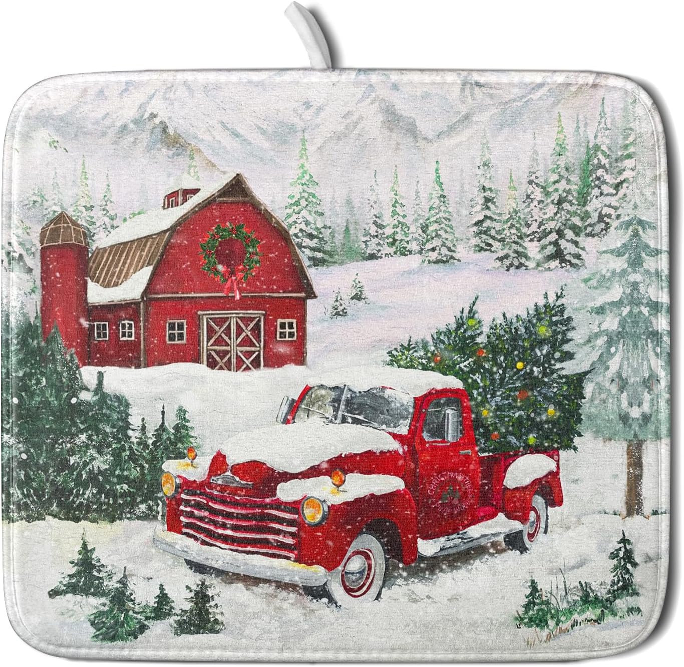 Winter Red Truck Dish Drying Mat Christmas Tree Dishes Pad 16x18 Inch Dish Drainer Rack Mats Absorbent Fast Dry Kitchen Holiday Accessories