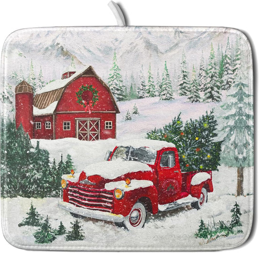 Winter Red Truck Dish Drying Mat Christmas Tree Dishes Pad 16x18 Inch Dish Drainer Rack Mats Absorbent Fast Dry Kitchen Holiday Accessories