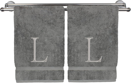 Monogrammed Hand Towel, Personalized Initial Gift, Extra Absorbent 100% Turkish Cotton - Soft Terry Finish - Set of 2 - Silver Block Initial L - Embroidered on Grey Towels