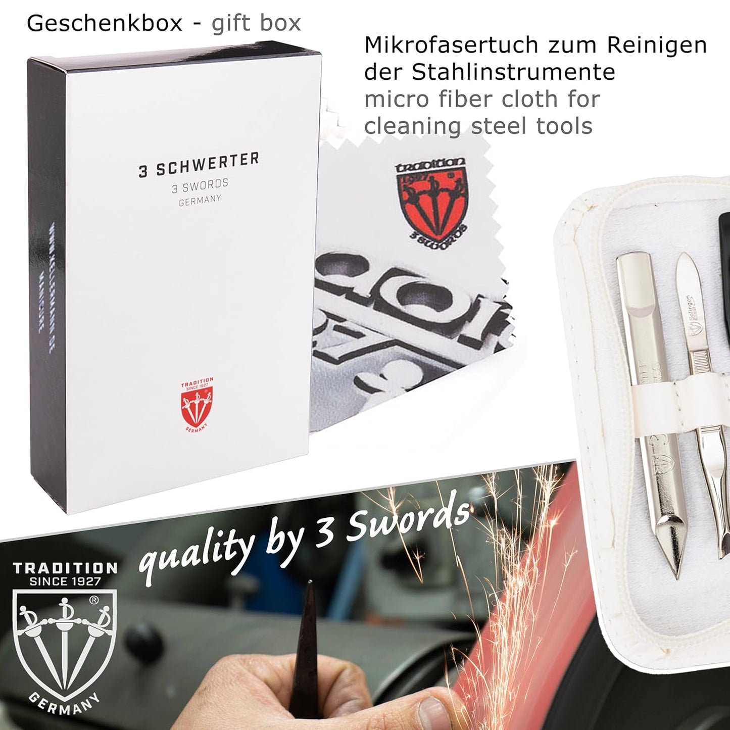 3 Swords Germany - brand quality 5 piece manicure pedicure grooming kit set with synthetic leather case white - Made in Germany