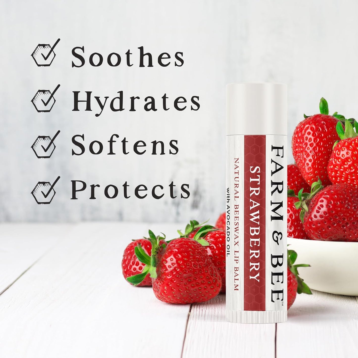 Natural Lip Balm - Organic & Natural Ingredients - Beeswax Based Moisturizing Lip Care Chapstick for Chapped Lips - Great Gift Idea - Farm & Bee - 0.15oz (Pack of 4 - Strawberry)