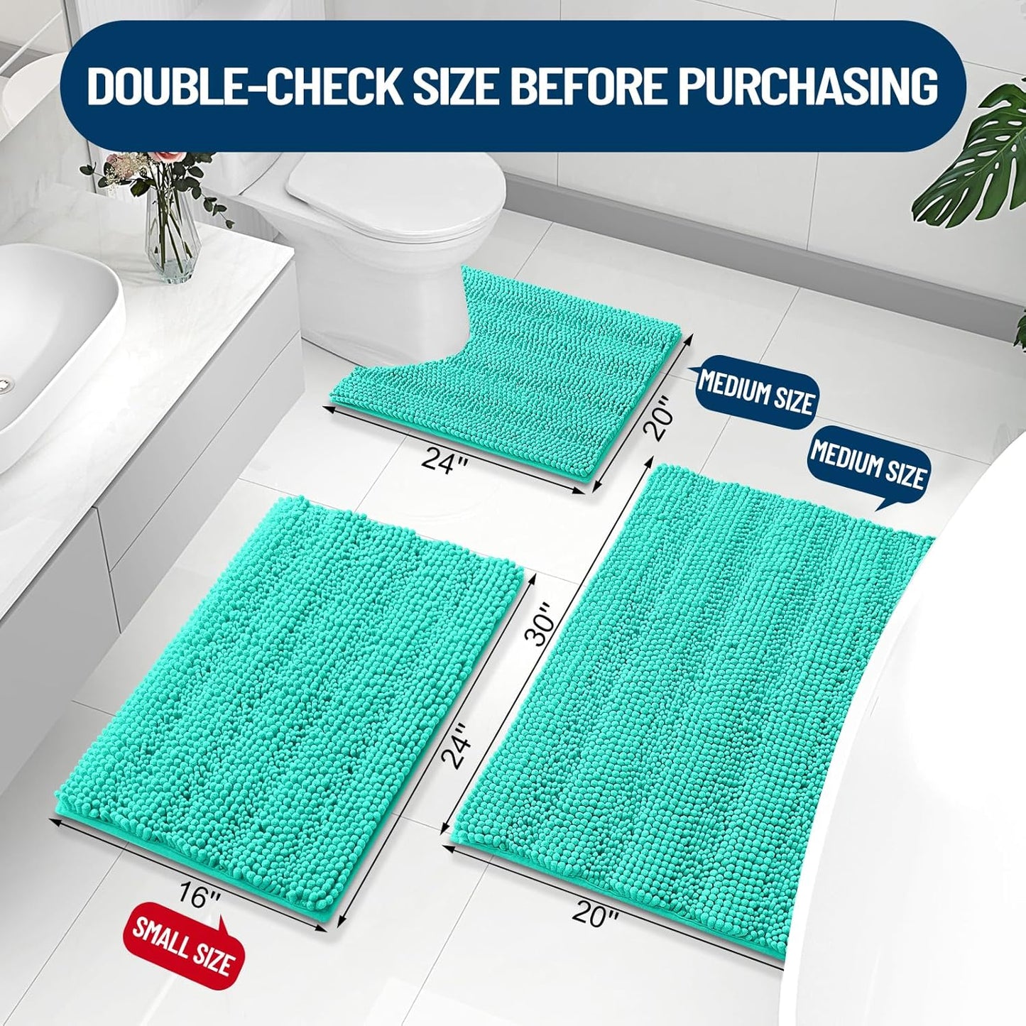 Grandaily Chenille Striped Bathroom Rugs 40x32, Extra Thick and Absorbent Bath Mats, Non-Slip Soft Plush Shaggy Shower Carpet, Machine Wash Dry, Bath Rug for Bathroom, Teal