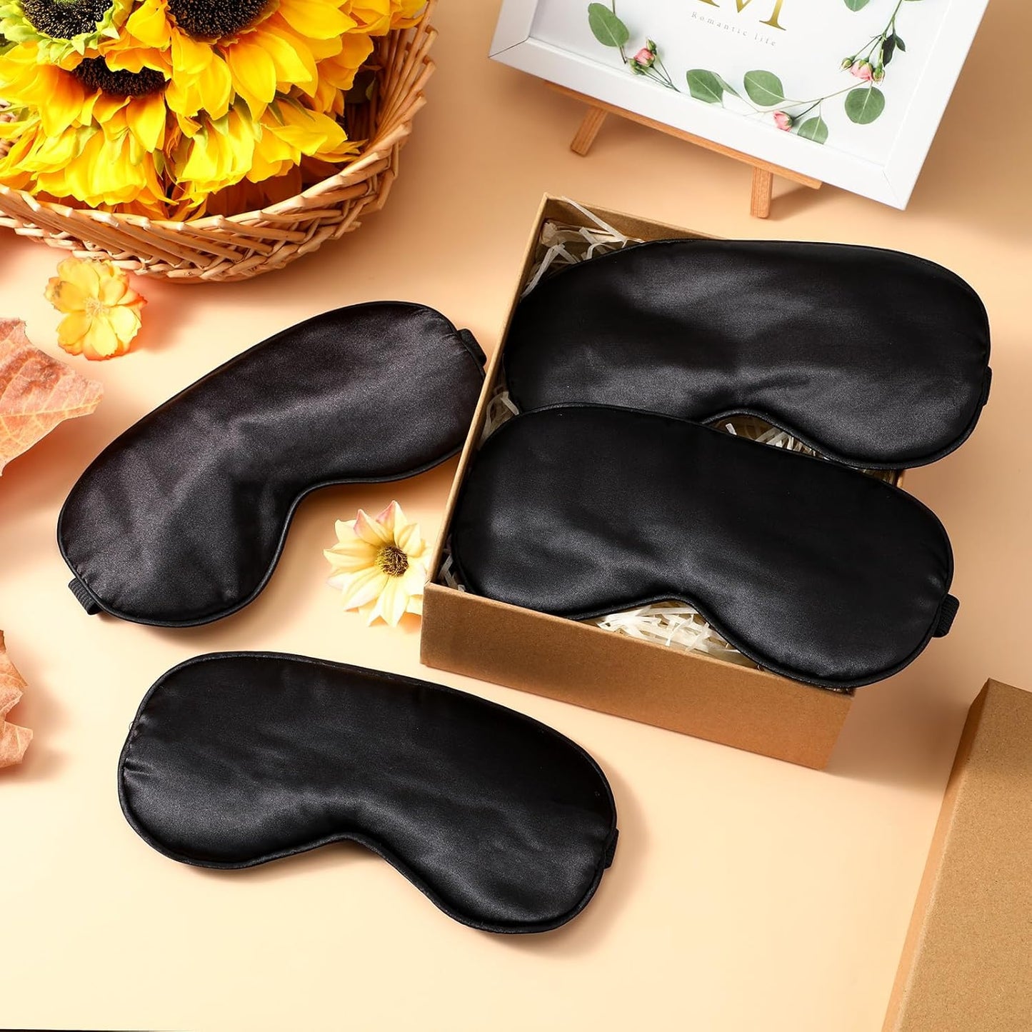 BBTO 4 Pcs Silk Sleep Eye Masks Smooth Soft Satin Eye Covers with Adjustable Strap Blindfold for Sleeping Blocking Out Lights Travel Relaxation (Black)