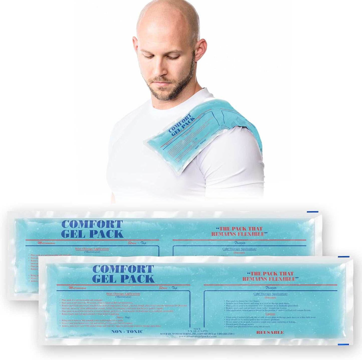 Flexible Reusable Gel Packs for Neck, Wrist, Arm, Back and Shoulder Pain Relief - Versatile Hot or Cold Gel Packs for Injuries, Sore Muscles or Toothache Pain Relief, Blue, 5" x 18", 2 Pack