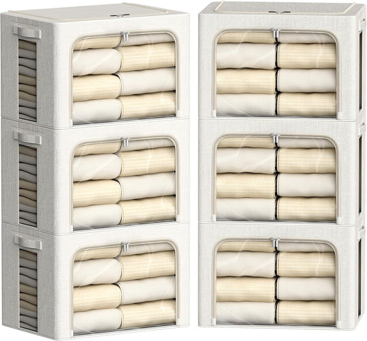FHSQX 6 Pack Clothes Storage Bins with Metal Frame Foldable Storage Bins for Clothes Linen Fabric Storage Box with Clear Window (Lvory White, 19.7x15.7x13inch(66L))