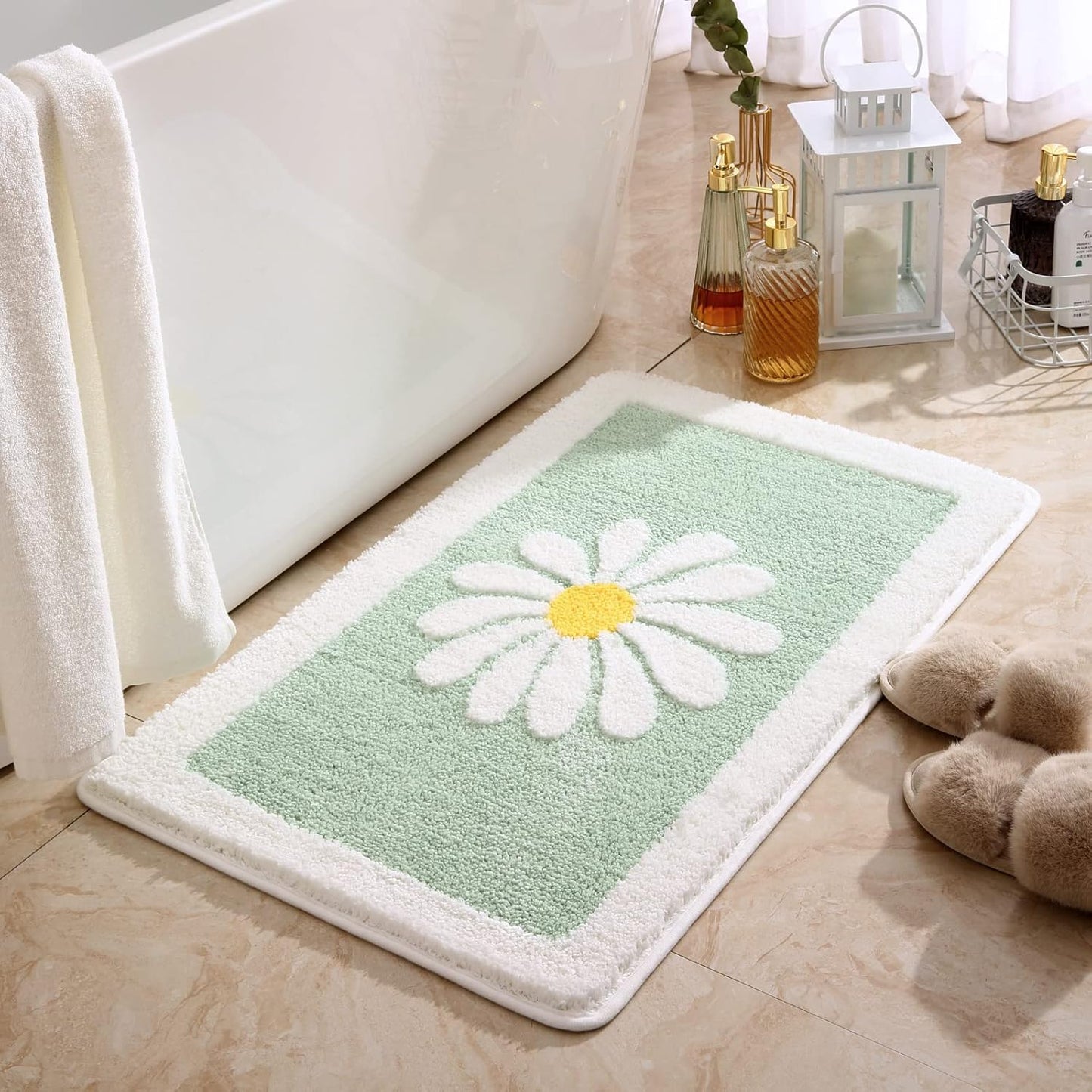 Bathroom Rugs Mat, White Flower Bath Rugs Fluffy Soft Superfine Fiber Rugs Non Slip Bath Mat Machine Wash Plush Mats, Bathroom Rug for Bathroom Shower Room (16"×24", Light Blue)