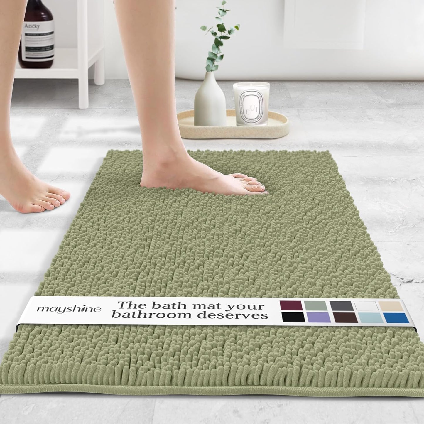 MAYSHINE Plush Shaggy Chenille Bath Mat | Extra Soft, Super Absorbent, Non-Slip Bathroom Rug | Fluffy Microfiber, Area Rug Sets for Bathroom Floor, Kitchen, Living Room | 39"x24" | Sage Green