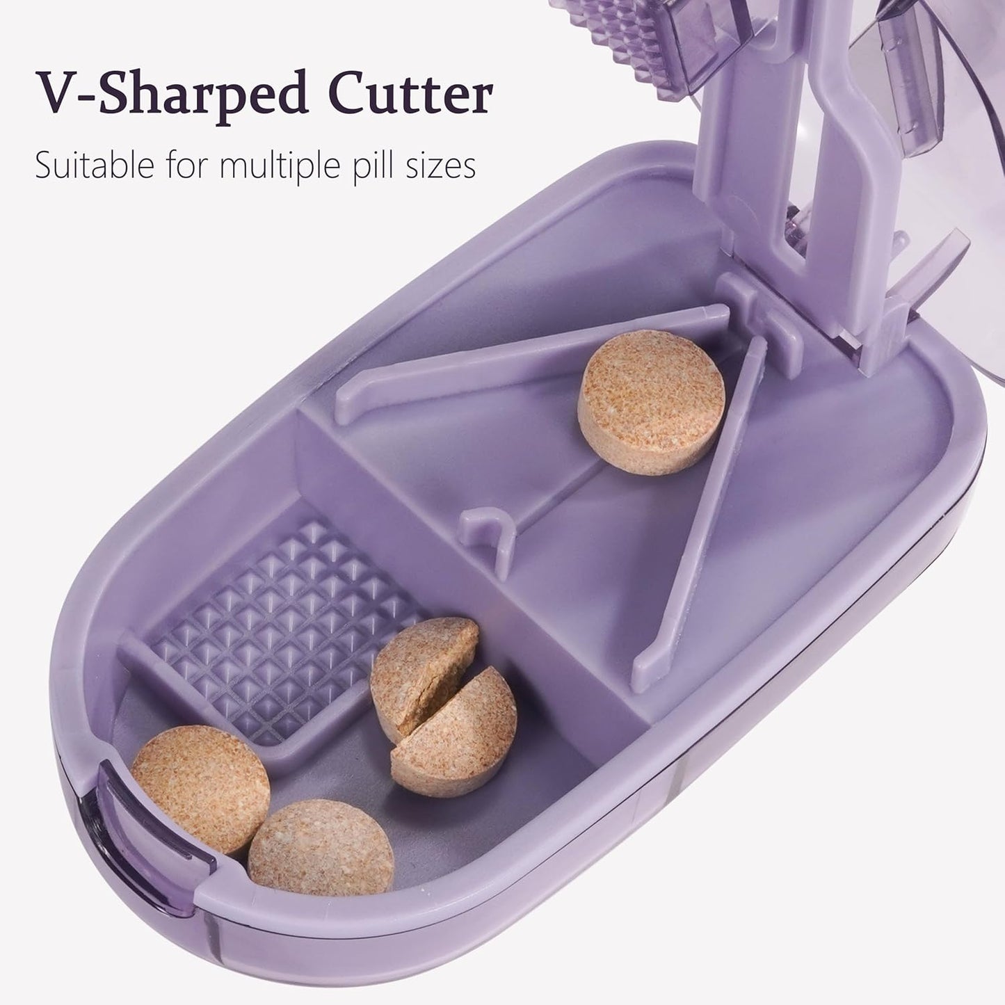 Pill Cutter Splitter for Small and Tiny Pills, or Large Pills. V-Shaped Design for Multiple Sizes. Safety Blade Guard. Loss-Proof Built-in Small Brush & Sliding Door Pill Storage (Sky)