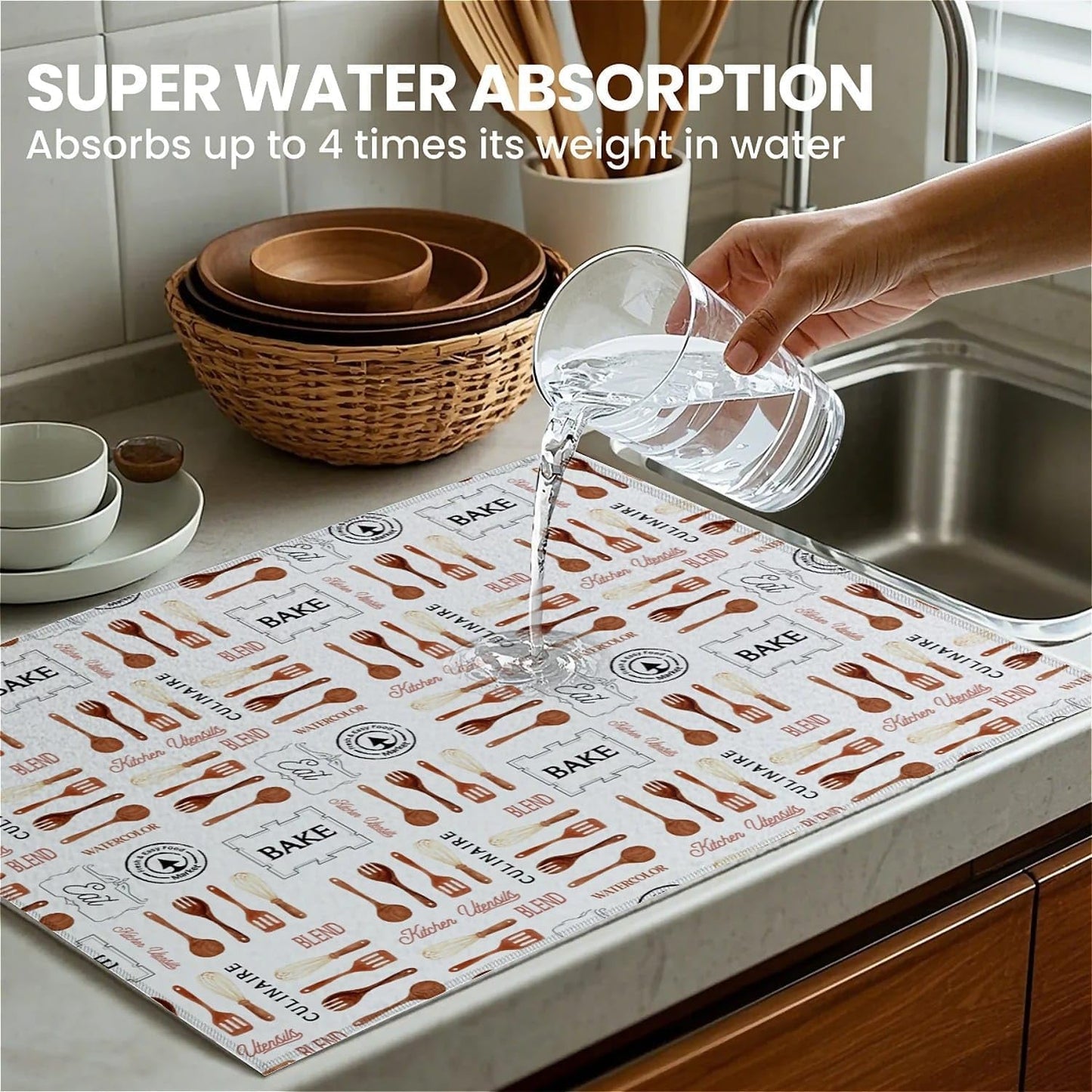 Dish Drying Mat For Kitchen Counter, Vintage Tableware Microfiber Absorbent Dish Drainer Rack Pad Reusable Large 18x24in Drying Mat