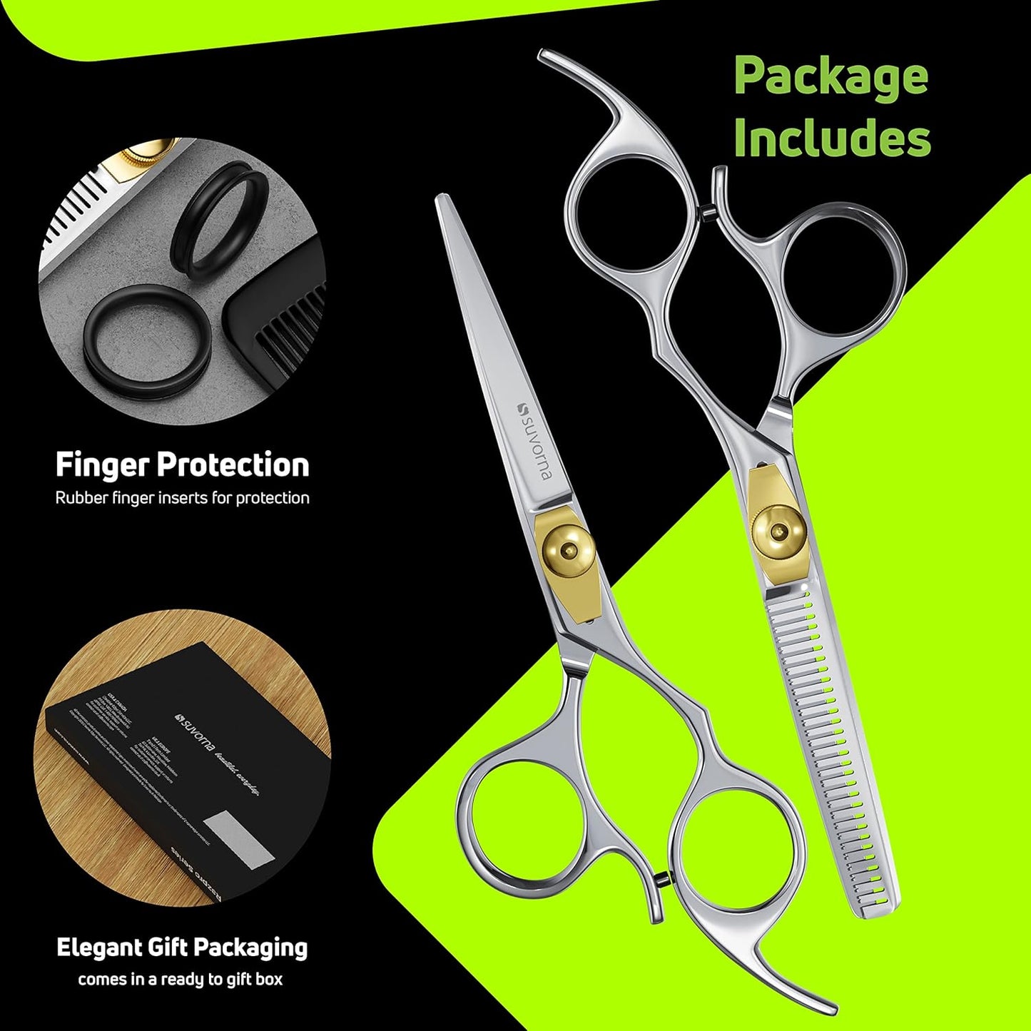 Suvorna Hair Cutting Scissors and Thinning Shears Set - Professional Hair Scissors Set - Barber Supplies and Accessories - Made with 420C Japanese Stainless Steel and Extremely Razor Sharp Edge.