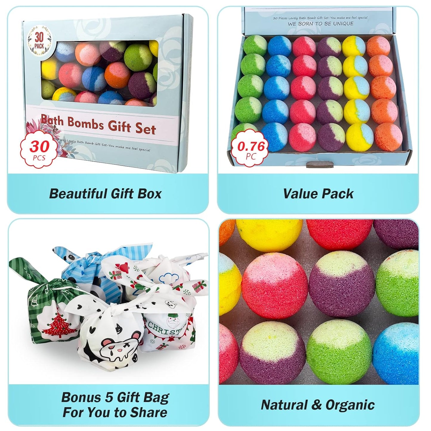 30 Pcs Bath Bomb Gift Set, Natural Organic Mini Bath Bombs, Handmade with Rich Fizz - Birthday Gift for Kids/Women/Men, Mother's Day, Ideal Gift for Valentine's Day