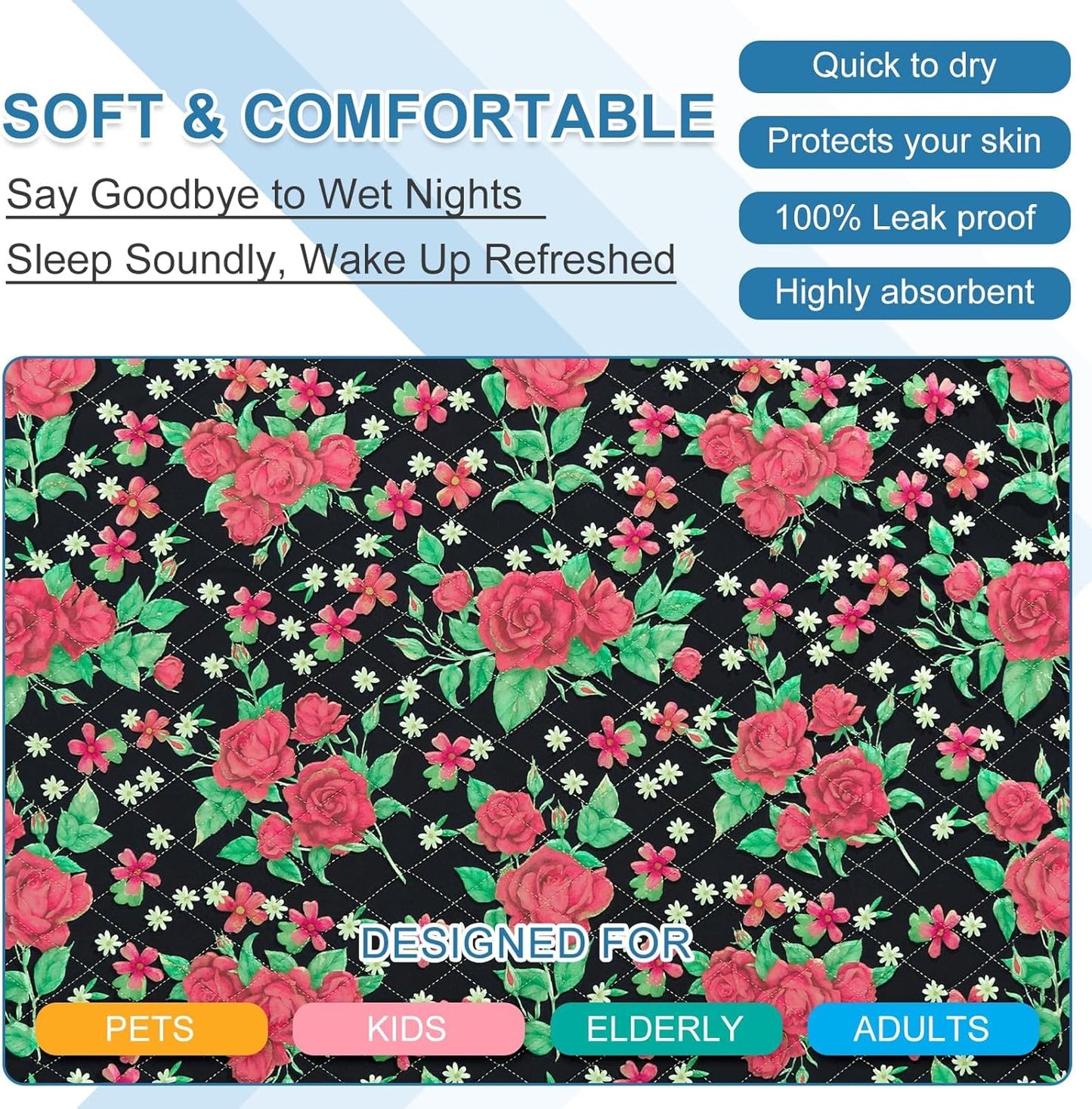 OUTCREATOR® Washable Bed Pads 34" x 36" (Pack of 4), Incontinence Mattress Protector, Anti-Slip Waterproof Underpads for Adults Kids Elderly Pets, Absorbency & Reusable Bedwetting Pads (Red Flower)