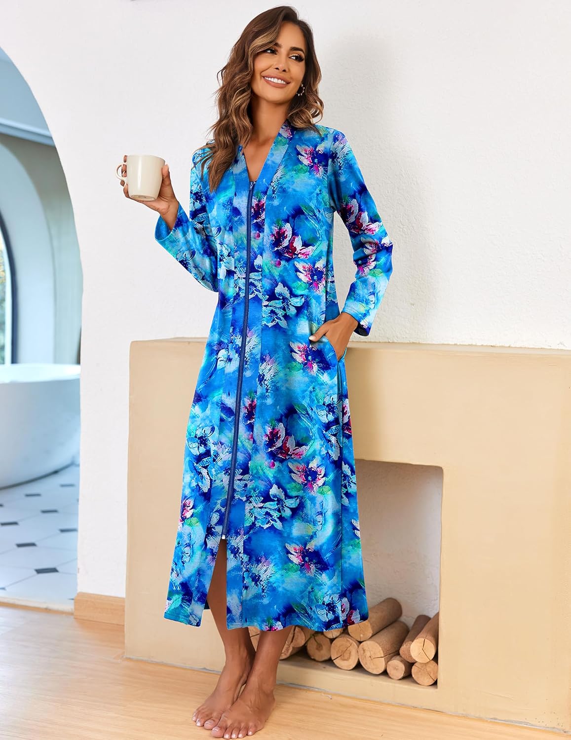 Ekouaer Women Zipper Robe Long Sleeve Loungewear Lightweight Housecoat Full Length Nightgown with Pockets