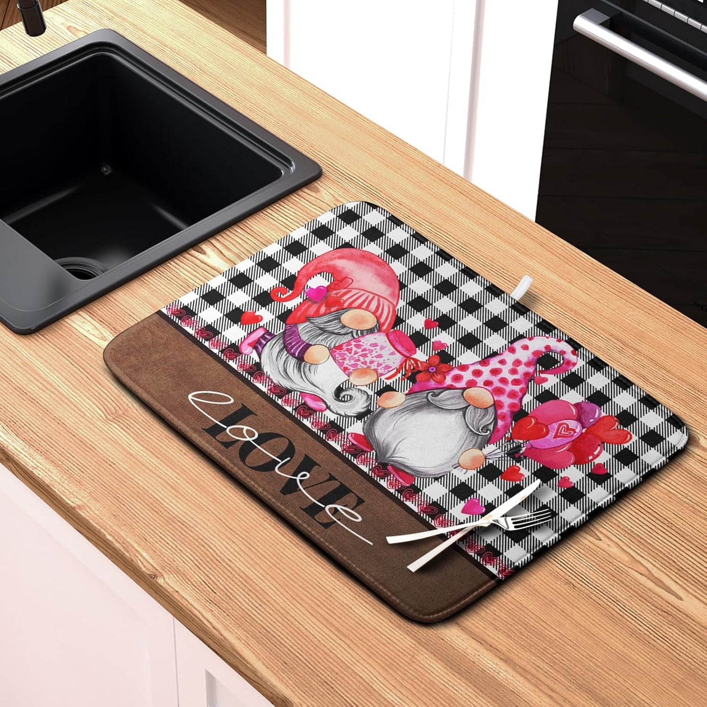 Valentine's Day Dish Drying Mats for Kitchen Counter, Gnome Love Kitchen Drying Mat, Buffalo Plaid Dish Drainer Mat Absorbent Quick Dry Dishes Pad 16 x 18 In - Farmhouse Decor Valentines Gift
