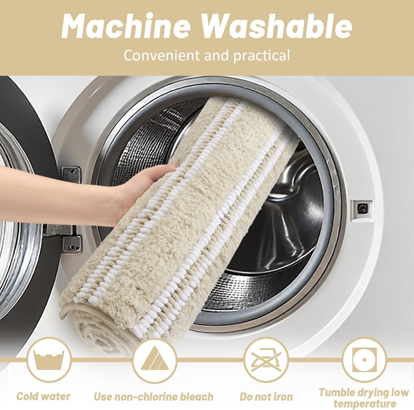 Bathroom Rugs 20x32 Extra Soft Absorbent Bath Mat Chenille Non Slip Shower Mat Rubber Backing Machine Washable Bath Mats for Bathroom Shaggy Khaki Bath Rugs for Tub, Hallway