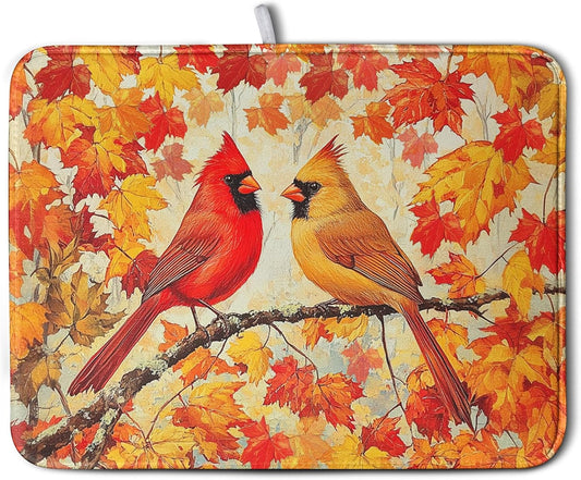 Fall Dish Drying Mats for Kitchen Counter Maple Leaf Cardinal Birds Dish Draining Mat 18x24 Inch Autumn Thanksgiving Dish Rack Mat Microfiber Absorbent Dish Drainer Pad
