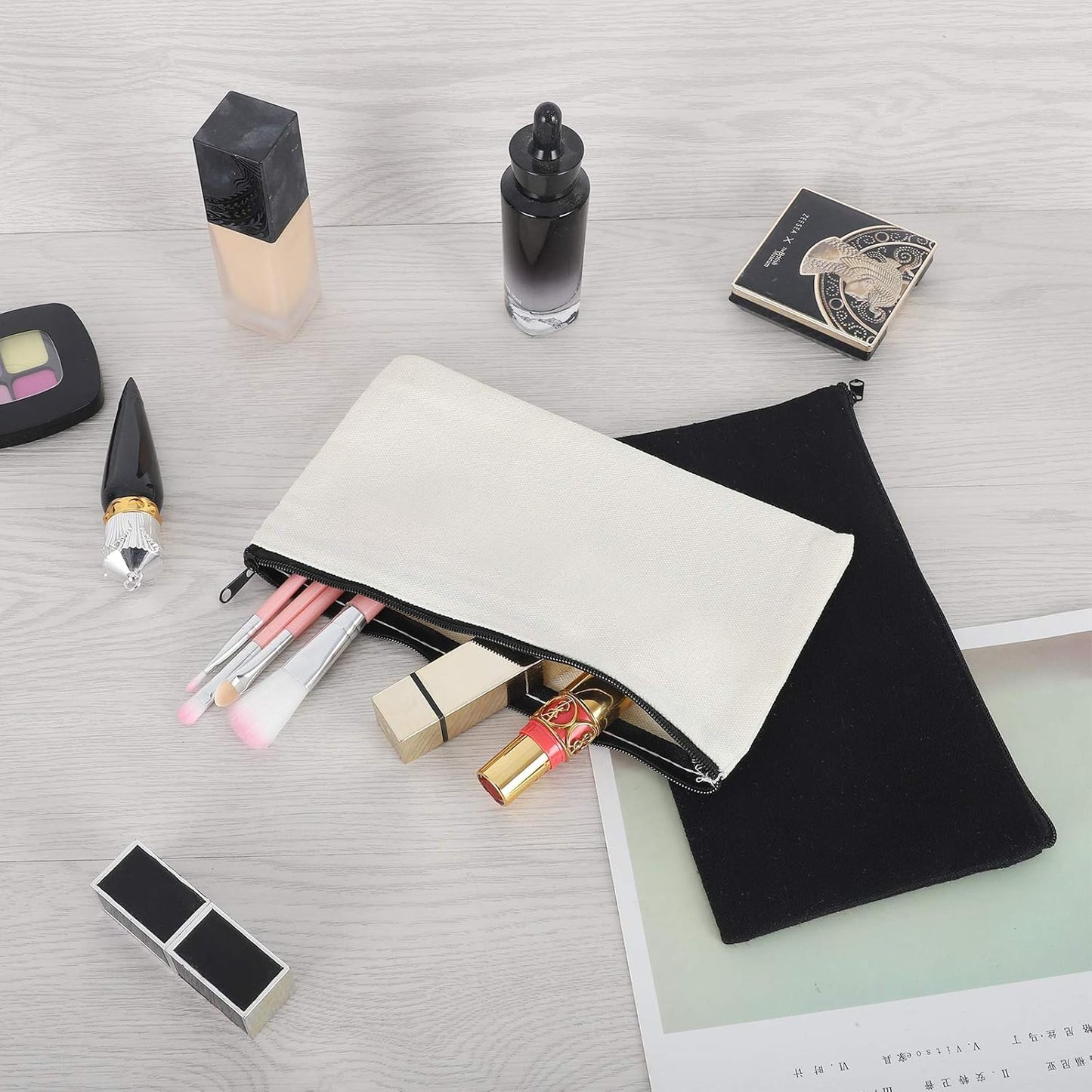 12 Pieces Black Cotton Canvas Makeup Bag, Multipurpose Cosmetic Bag with Zipper Travel Toiletry Pouch, Blank DIY Craft Bag (Black, S)