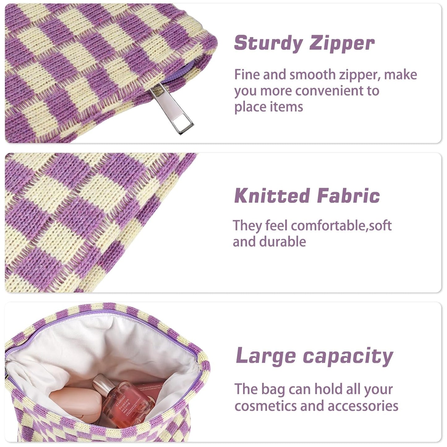 ZLFSRQ 3Pcs Checkered Makeup Bag for Women Large Small Checkered Cosmetic Bag Set Aesthetic Preppy Pencil Case Cute Pencil Pouch Purple Makeup Pouch for Purse Travel Toiletry Bags Zipper Skincare Bags