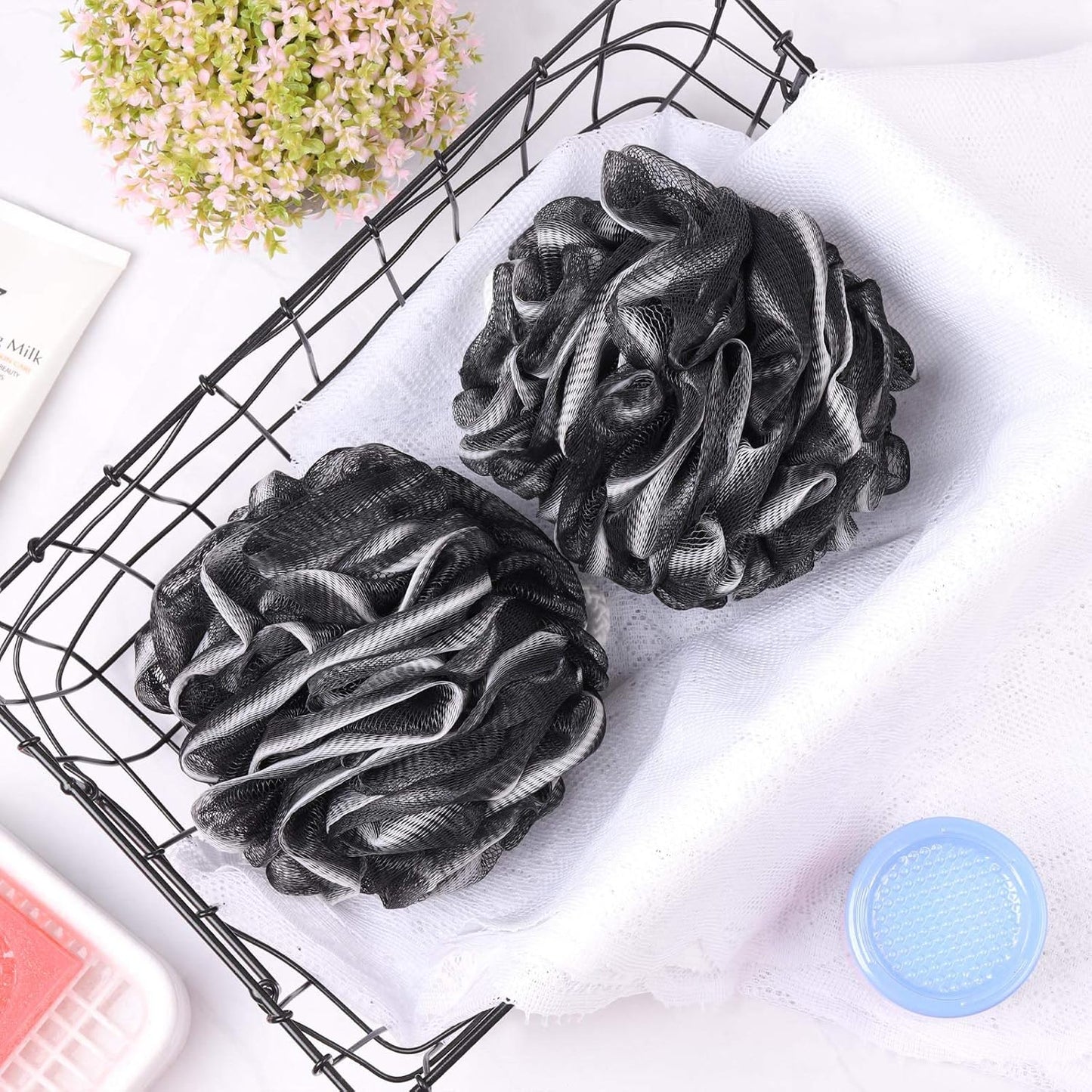 BTYMS 4 Pieces Loofah Sponge Shower Puff Exfoliating Bath Sponge 60g Mesh Pouf Bath Loofahs Black Shower Scrunchies for Bathing