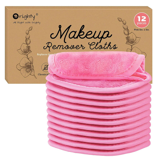 Orighty Makeup Remover Cloths 12 Pack, Makeup Removal Face Cleansing Cloth, Reusable Make-up Remover Pads Remove Instantly Dirt with Just Water, 5 x 5 in (Pink)