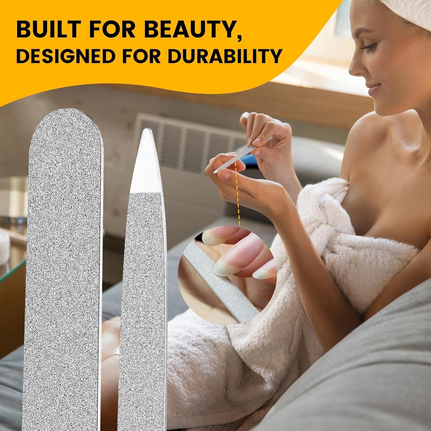 BEZOX Metal Nail File Kit - 2PCS Professional Stainless Steel Long Nail Files & Buffers for Natural/Acrylic Nails, Professional Fingernail Files and Buffers for Salon & Home Use - Silver