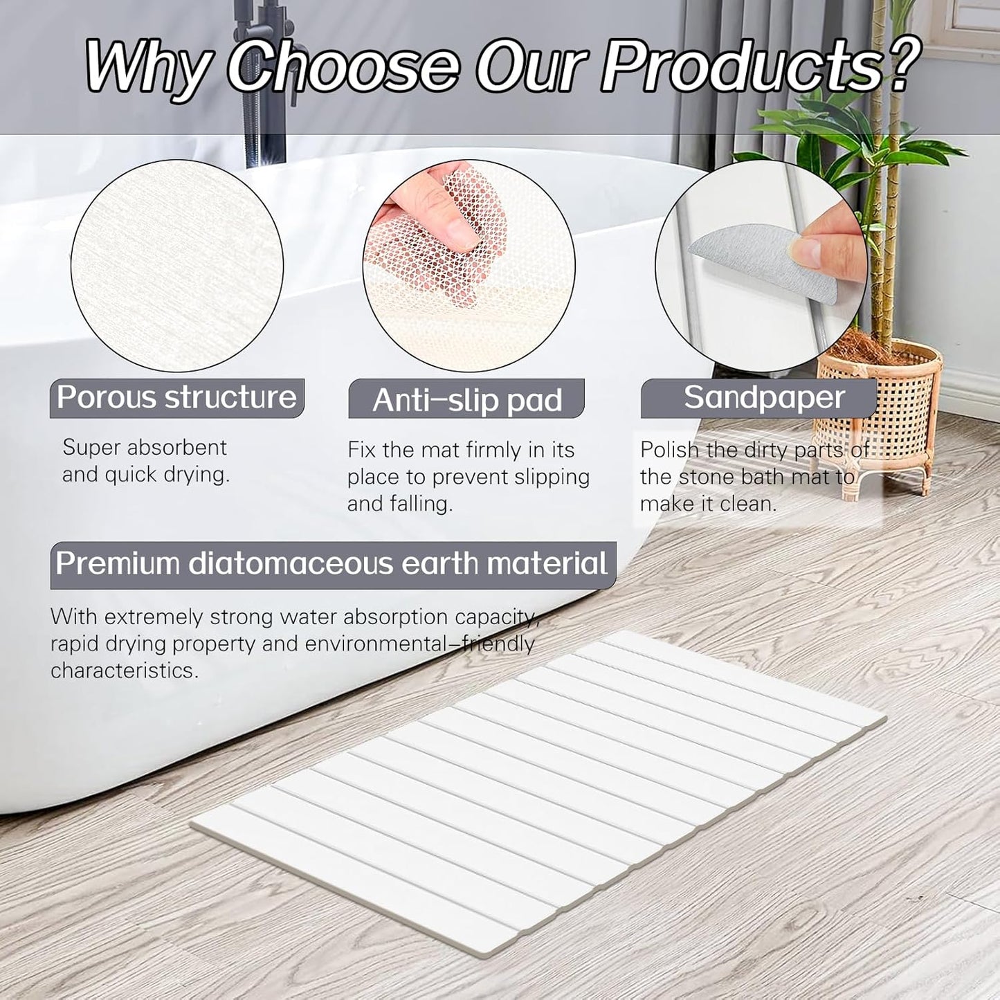 2 Pack Foldable Stone Bath Mats, White Super Absorbent Diatomaceous Earth Bath Rug, Non-Slip Shower Mat, Quick-Drying Bath Rug and Drying Mat for Tub and Shower