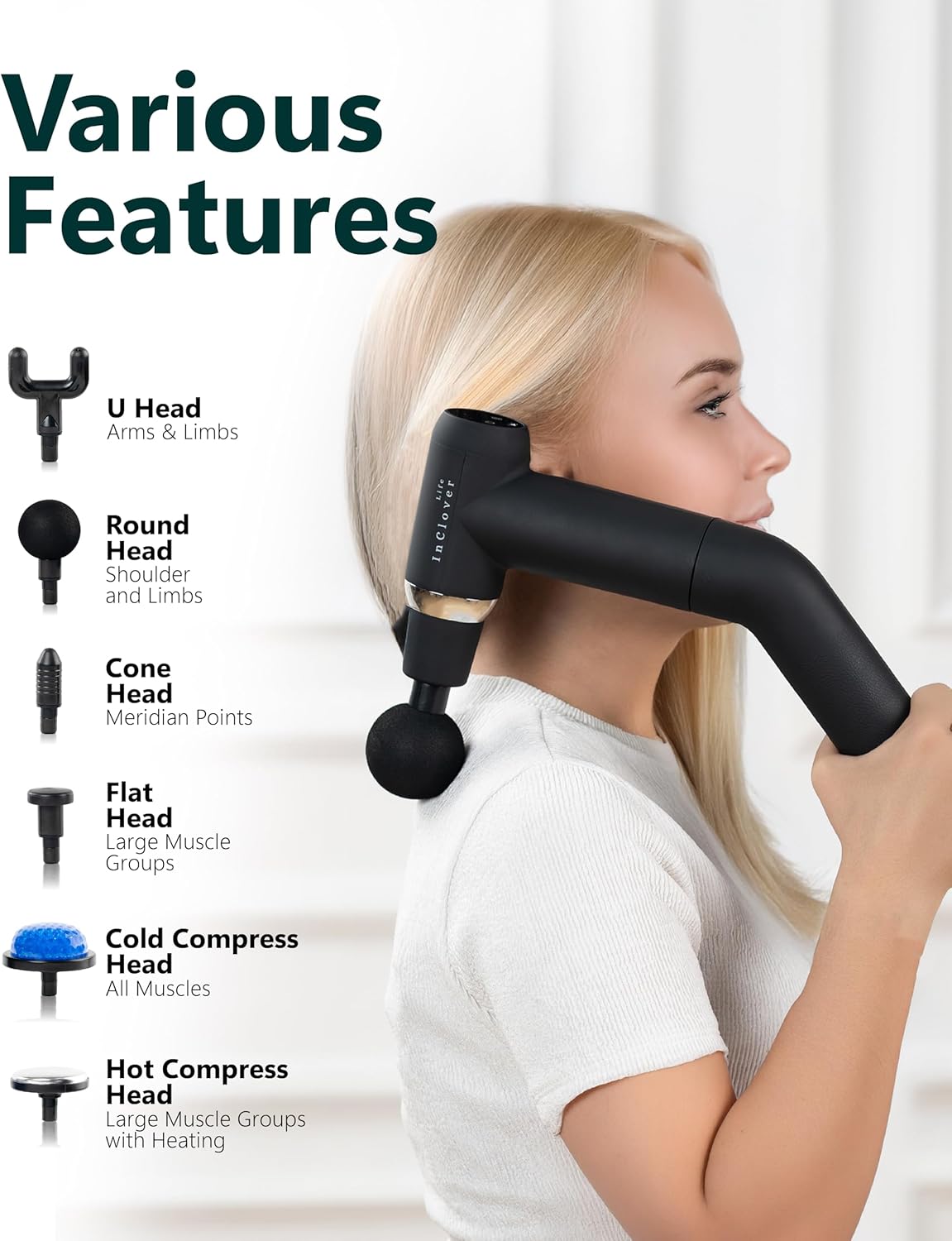 Massage Gun with Detachable Extension Handle. Deep Tissue Percussion Massager for Back, Neck, Shoulder, Leg & Arm. Portable Handheld Muscle Recovery Tool with Hot & Cold Therapy, Quiet Motor, 6 Speeds