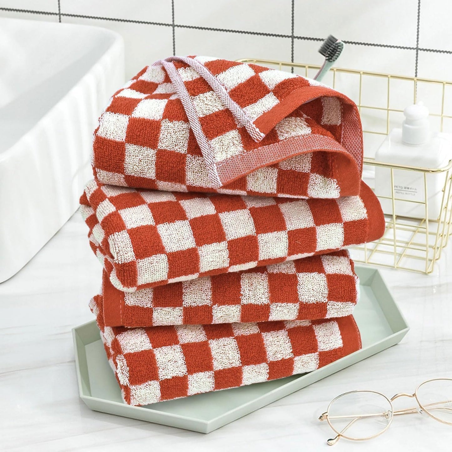 Jacquotha Checkered Hand Towels (13x29 Inches) - Kitchen Hand Towels Pack of 4, Absorbent Cotton Rags for Bathroom Face Gym Pool Swim