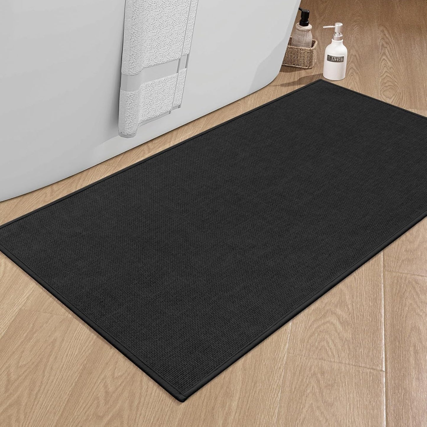 chakme Bathroom Rugs Mat 25x47, Ultra Thin Non Slip Bath Mat Large Quick Dry Absorbent Bath Mat for Bathroom Floor, (Black, 47"x25")