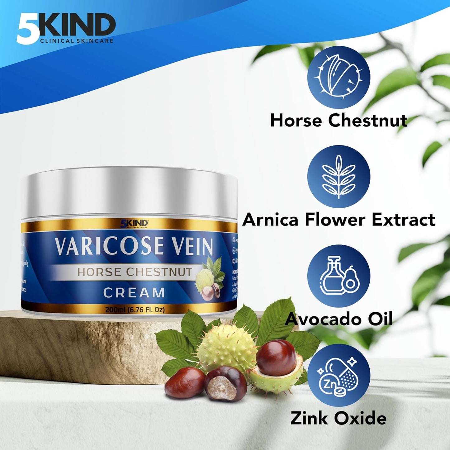 Professional Varicose Veins Cream 6.76 Fl Oz - Varicose Veins Treatment for Legs - Horse Chestnut Cream for Varicose Veins - Over 7 Natural Active Ingredients - Spider Veins Treatment by 5Kind