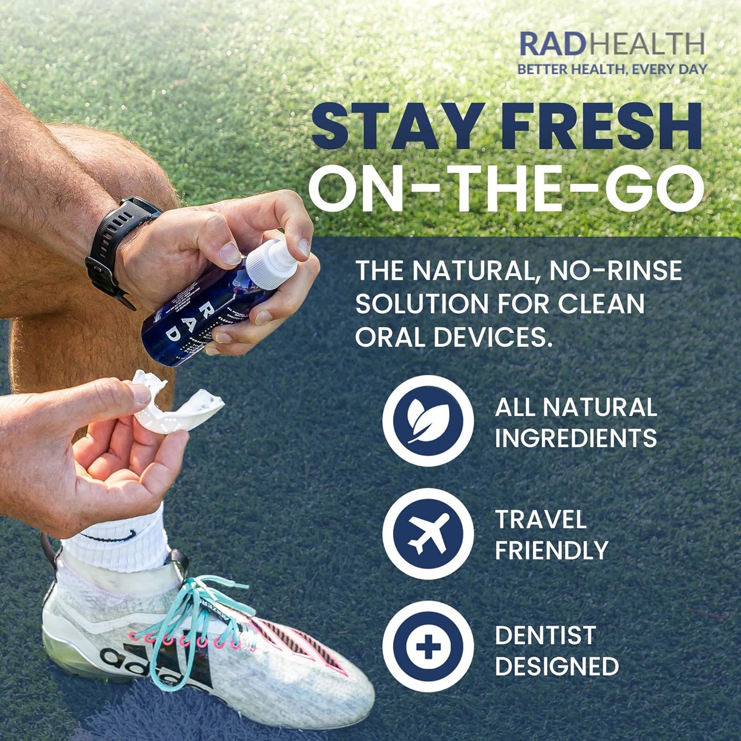 RAD FRESH – Natural Mouth Guard Cleaner with Food-Grade Hydrogen Peroxide, Easy-to-Use, No-Rinse Formula for Retainers, Aligners, Dentures & More – 2 Pack, 3.4 oz