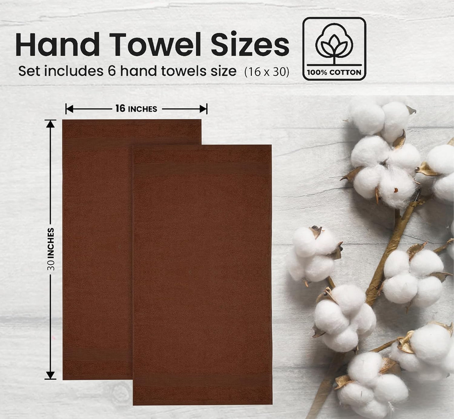 Premium Hand Towels Pack of 6 (16" x 30”) 100% Combed Ring Spun Cotton | Highly Absorbent Hand Towels Set | Ultra Soft for Home, Gym & Spa (Dark Brown)