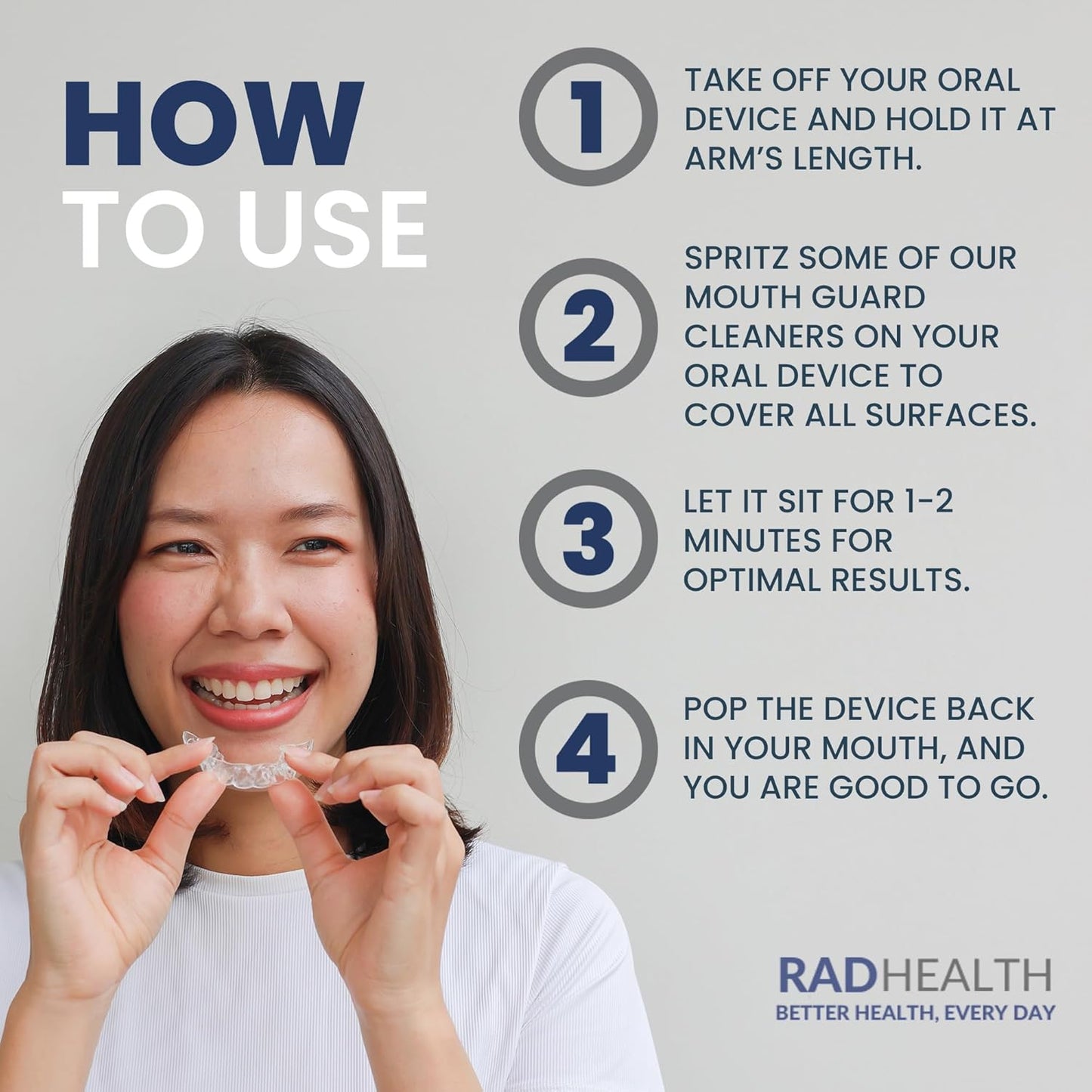 RAD FRESH - Natural Mouth Guard Cleaner with Food-Grade Hydrogen Peroxide, Easy-to-Use, No-Rinse-Formula Retainers Cleaner for All Oral Devices Like Aligners, Dentures & More, 3 Pack, 3.4 oz