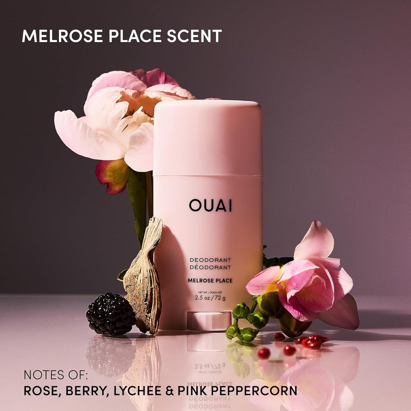 OUAI Aluminum Free Deodorant - Women's Deodorant with 24-Hour Odor Control & Invisible Application - Enriched with Notes of Rose, Berry, Lychee & Pink Peppercorn - Melrose Place (2.5 oz)