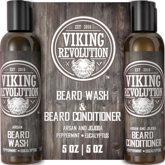 Viking Revolution Beard Care Set with Argan & Jojoba Oils - Softens, Smooths & Nourishes Facial Hair Growth - Peppermint and Eucalyptus Scented Wash & Conditioner (5 oz)