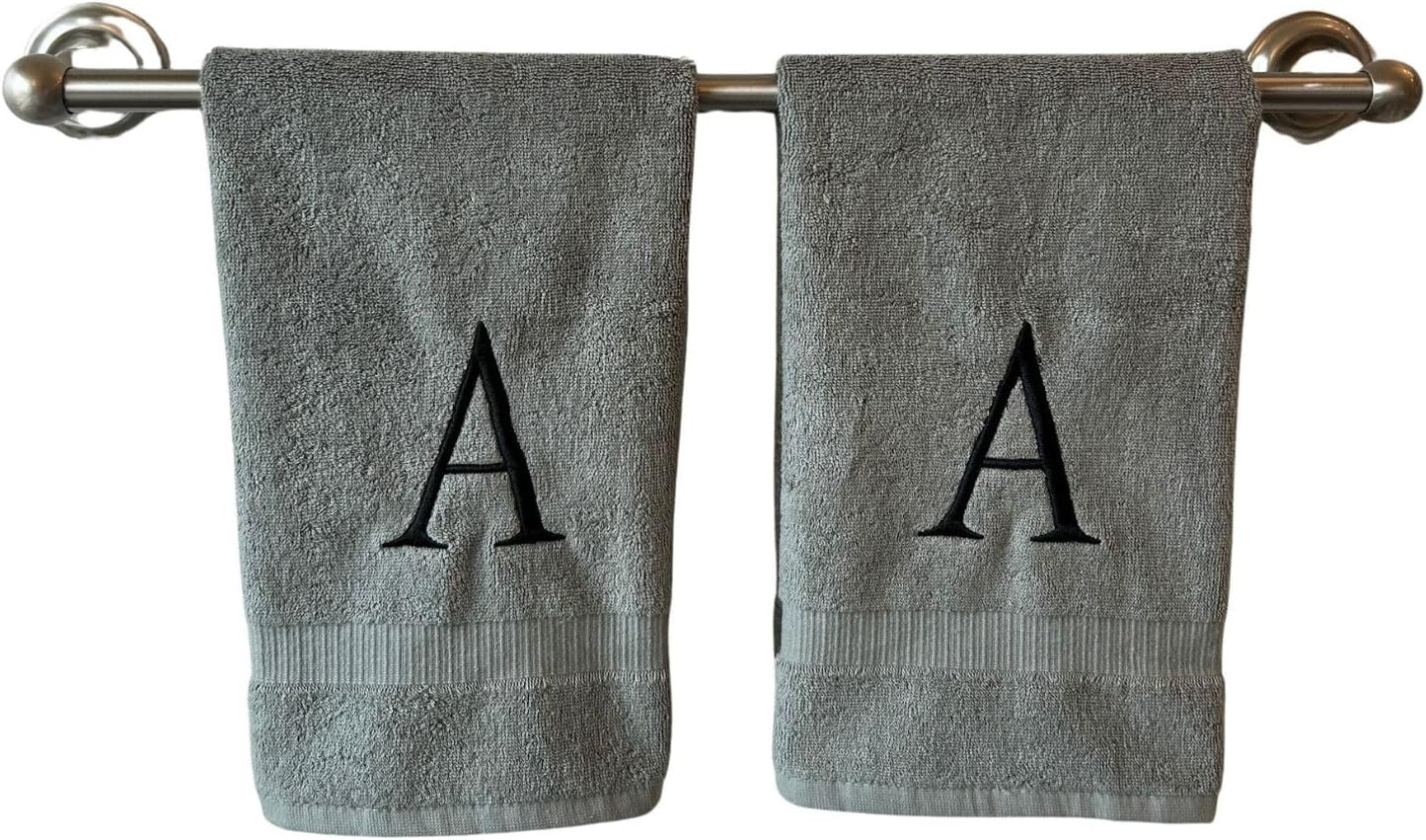 Gray Initial Hand Towel for Bathroom - Monogrammed Luxury Hotel Quality Decorative Embroidered Towel for Powder Room, Spa - GOTS Organic Certified - Set of 2 Black Letter A