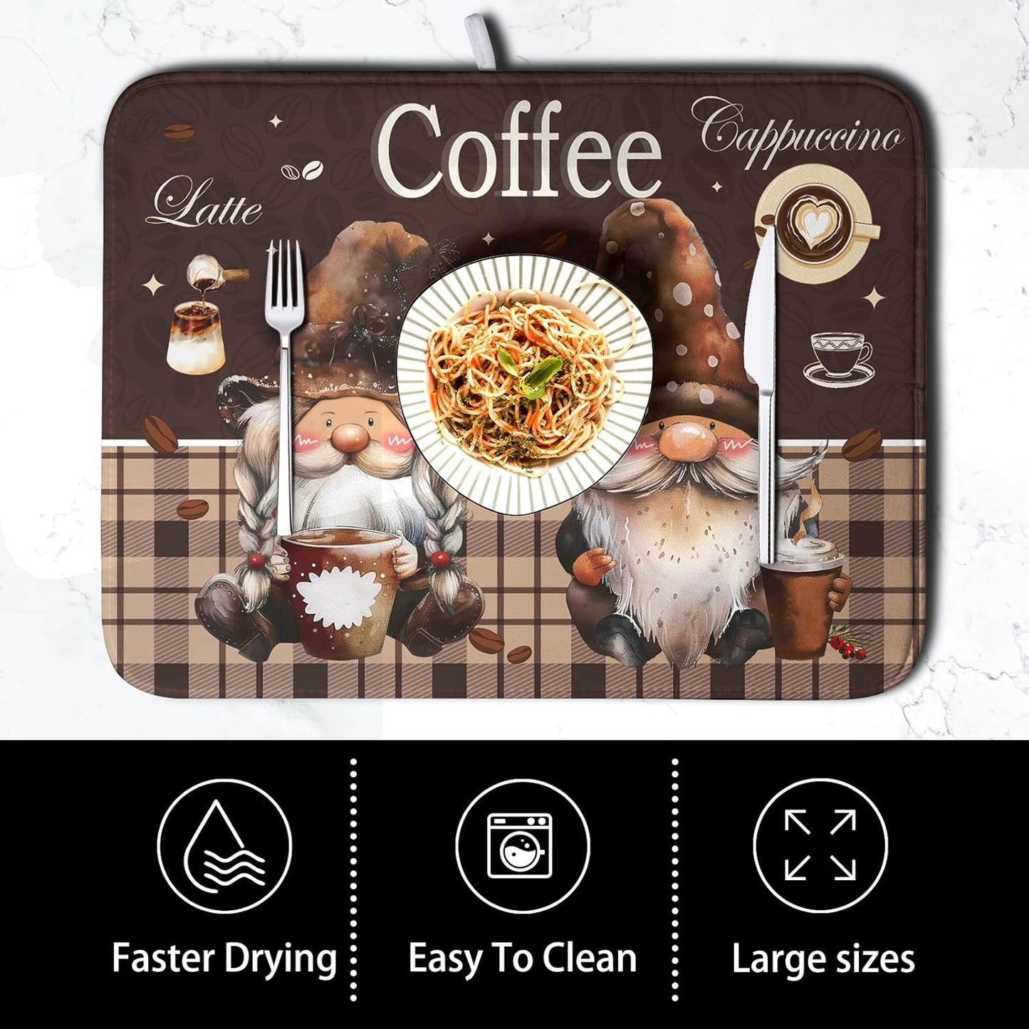Chef Gnome Kitchen Dish Drying Mat for Kitchen Counter 18x24 Inch, Brown Buffalo Plaid Cooking Mocha Coffee Mat Reversible Microfiber Super Absorbent Quick Dry Rack Pad for Bar Sinks Home Decor